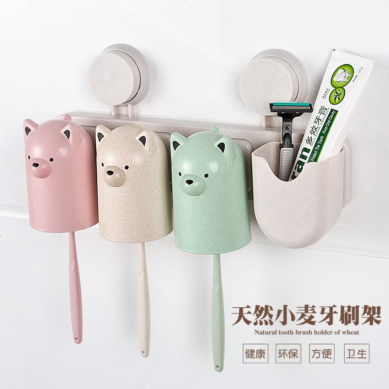 小麦卡通四口之家洗漱套装创意壁挂吸盘牙刷架漱口杯吸壁式刷牙杯