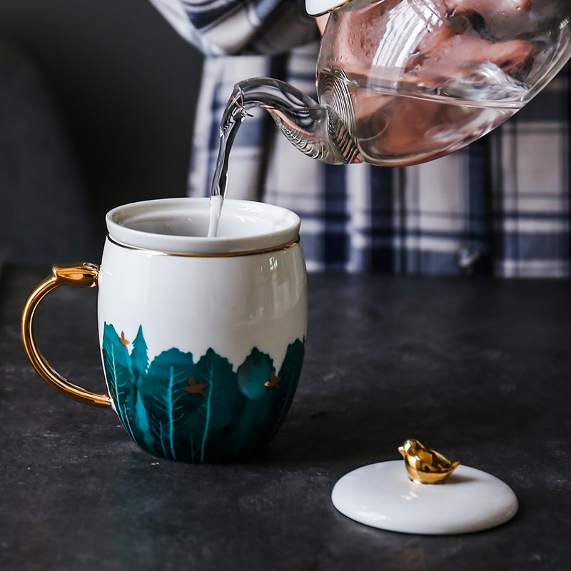 唯都 陶瓷茶杯泡茶壶泡水杯马克杯 带茶漏 水悦小鸟办公杯 W-S13高清大图