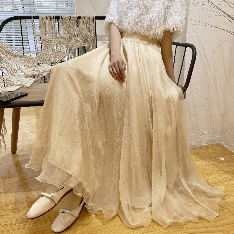 春夏新款仙女波浪边网纱高腰飘逸温柔闪闪光泽大摆长裙半身裙纱裙香槟