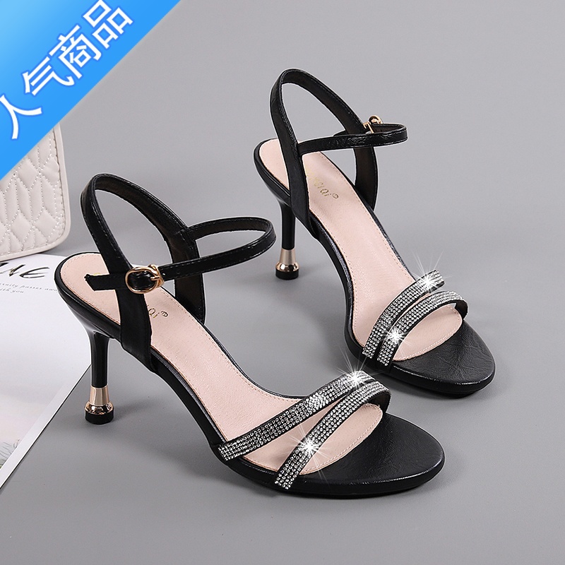 SUNTEK高跟凉鞋女2023年新款春夏季细跟一字带中跟水钻时装百搭女鞋高清大图