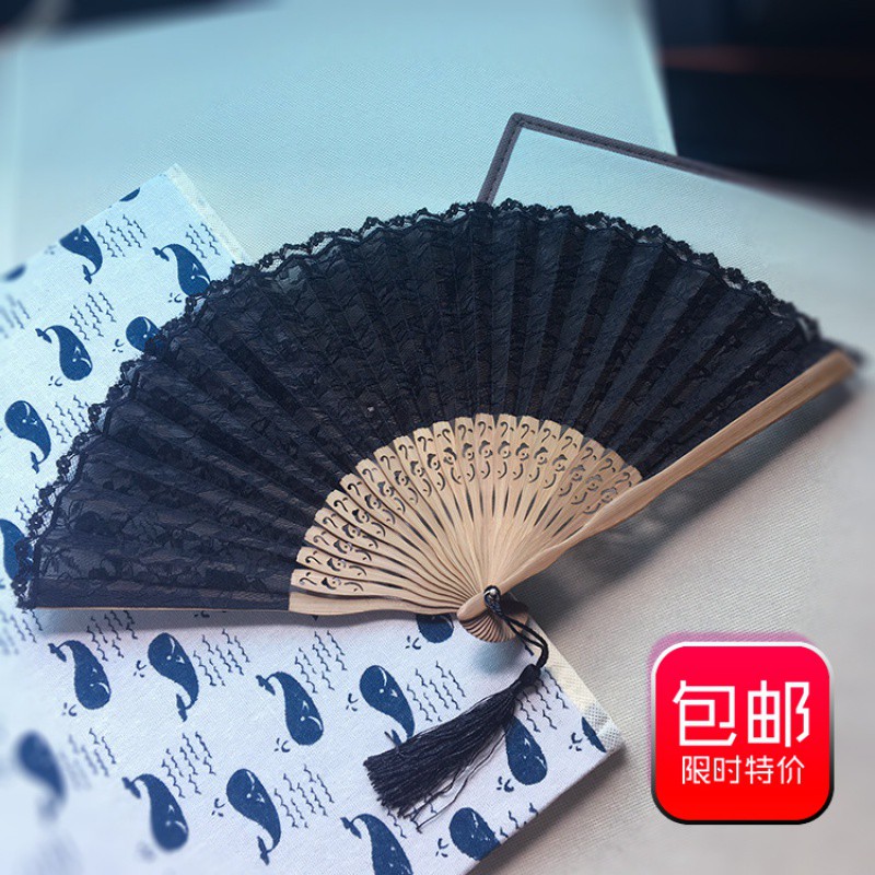 蕾丝扇子日式折扇折叠花边贝壳扇女式扇子折扇竹质工艺扇 三维工匠 蕾丝葵形扇(纯白色)高清大图