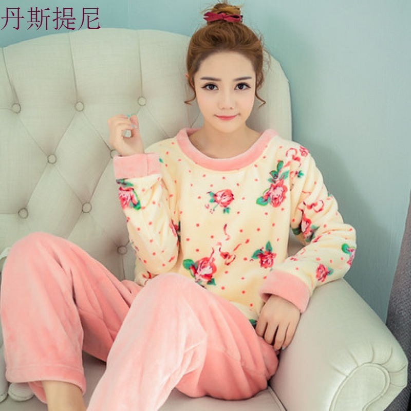 冬天睡衣女加厚珊瑚绒韩版秋季女士可爱长袖开衫法兰绒家居服套装