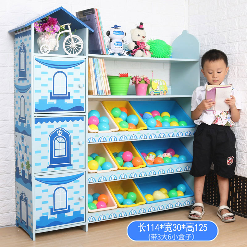 儿童玩具收纳架儿童书架书柜幼儿园宝宝玩具柜绘本架置物架子多层收纳柜三维工匠 升级版蓝色城堡带三门114*30*125