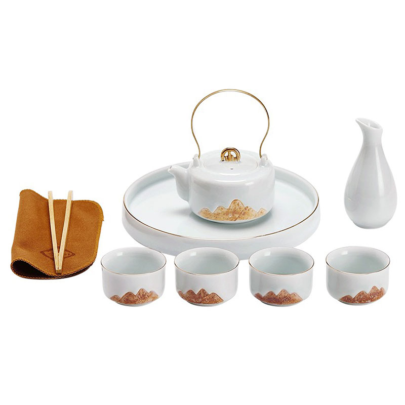 八方礼BFL2023-10江山提梁壶茶具 壶190ml杯60ml 茶壶1圆盘1花插1茶杯4茶巾1夹子1(单位:套) 影青