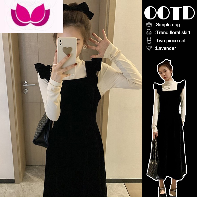 七斓春装2023年新款高级感套装丝绒吊带连衣裙子女春季背带裙 打底衫+背带裙别致独特套装裙茶系小香风套装法式桔梗高级感小洋 65/70kg/XXXL