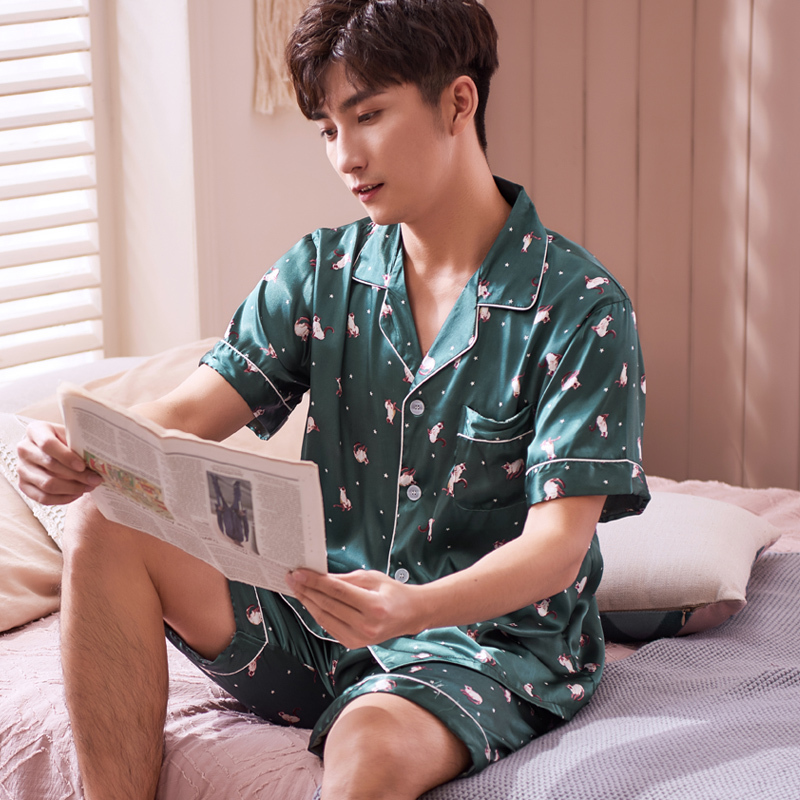 夏季男士冰丝薄款睡衣男短袖大码休闲家居服男韩版套装春夏天丝绸