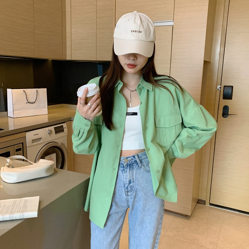 唐狮 春季衬衫女立体口袋工装长袖衬衣薄款外套宽松百搭潮
