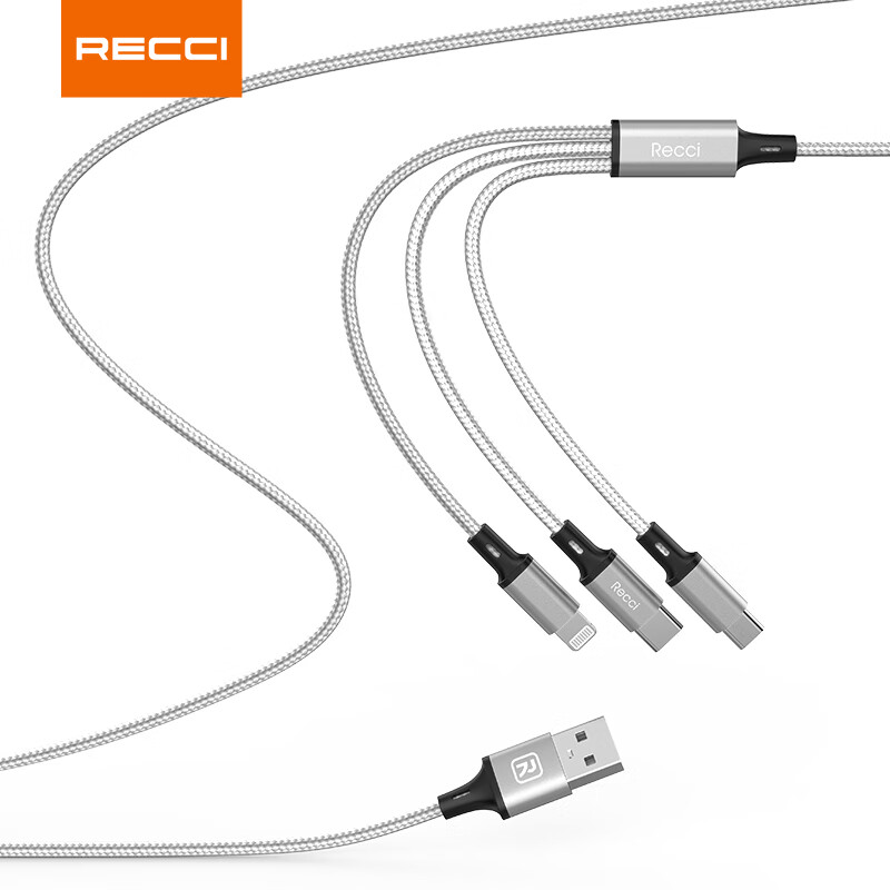 锐思速风一拖三数据线Type-C/Lightning/Micro三口充电线(RCS-D120)银色高清大图