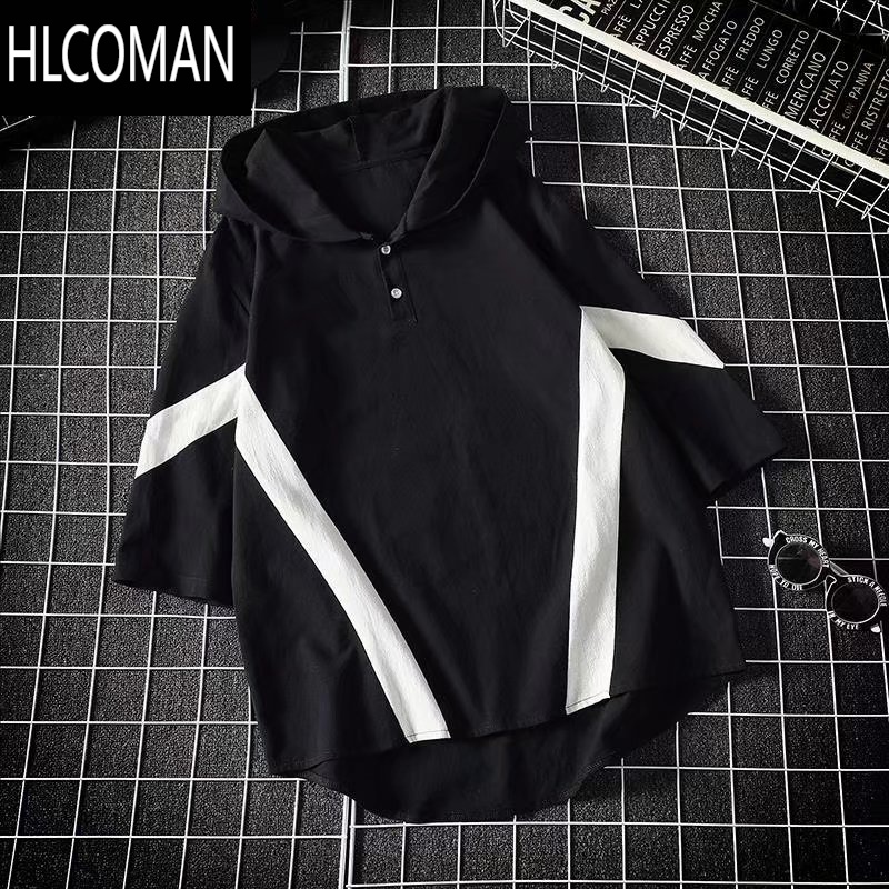 HLCOMAN夏季仿亚麻七分袖连帽T恤男潮牌宽松大码日系潮流撞色半袖上衣服 黑色高质量收藏优先发 5XL200-230斤