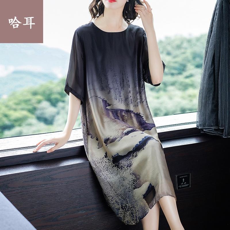 女长款连衣群香云纱连衣裙夏2019新款大码女装中年高贵妈妈装中长裙原创连衣裙 2019年秋季中老年妇女连衣裙