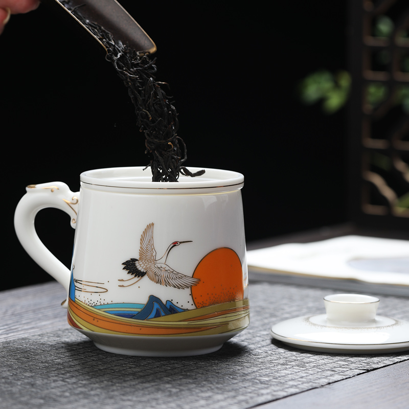 元青茶杯(MULTIPOTENT)玉瓷办公杯陶瓷带盖滤芯茶水分离过滤茶杯德化白瓷会议室水杯银鹤龙水杯礼盒装高清大图