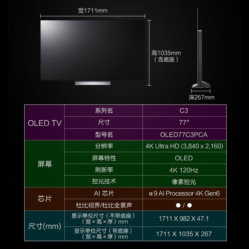 LG OLED77C3PCA 77英寸 EVO游戏电视 只能AI(GTG)英伟达G-SYNC HGIG 电竞显示设备