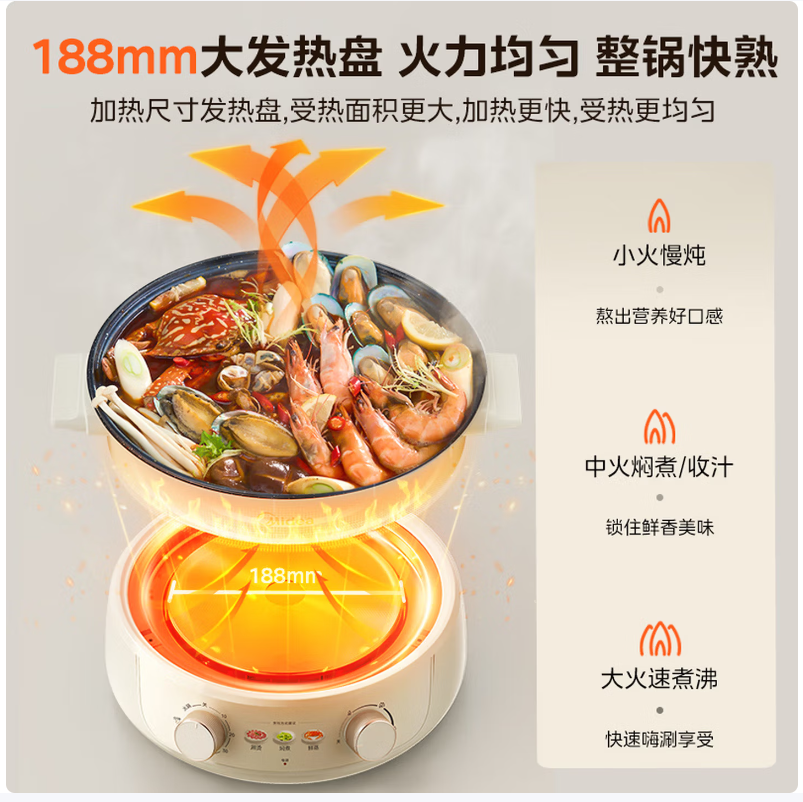 美的智能电火锅 四升大容量 不锈钢内锅 机械操控 美味快煮家庭必备高清大图