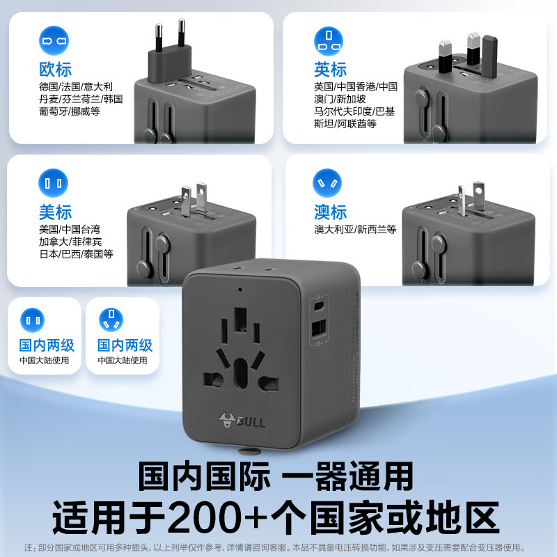 公牛(BULL)USB多国旅行插座转换插头 国外及部分地区欧标美标澳标英标 深空灰GN-L10U15高清大图