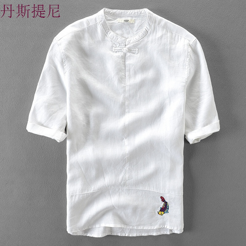 2018中国风纯亚麻短袖衬衫男唐装盘扣衬衣大码刺绣复古寸衣薄