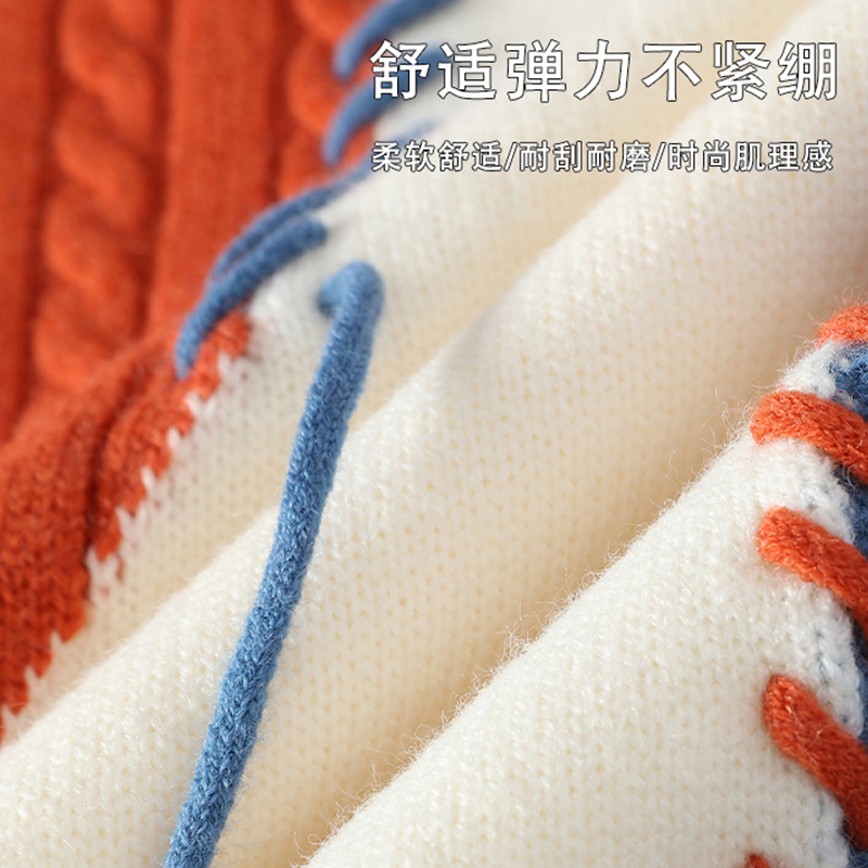 啄木鸟2024冬拼接撞色毛衣男秋季新款加绒加厚美式圆领针织打底衫高清大图