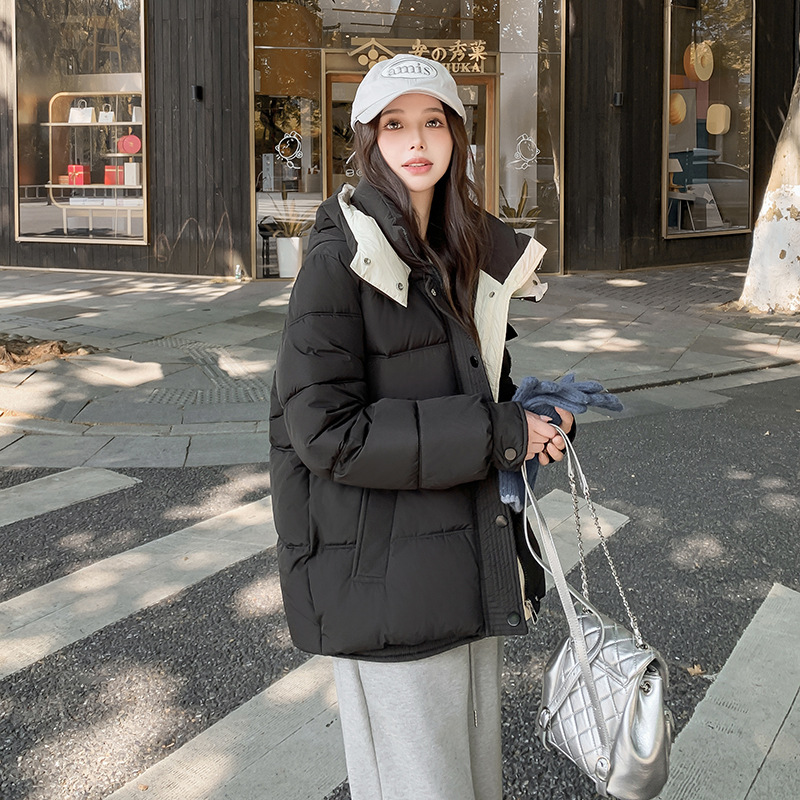 羽绒棉服棉衣短款2024冬季棉袄新款百搭韩版加厚连帽宽松时尚外套 黑色 XL