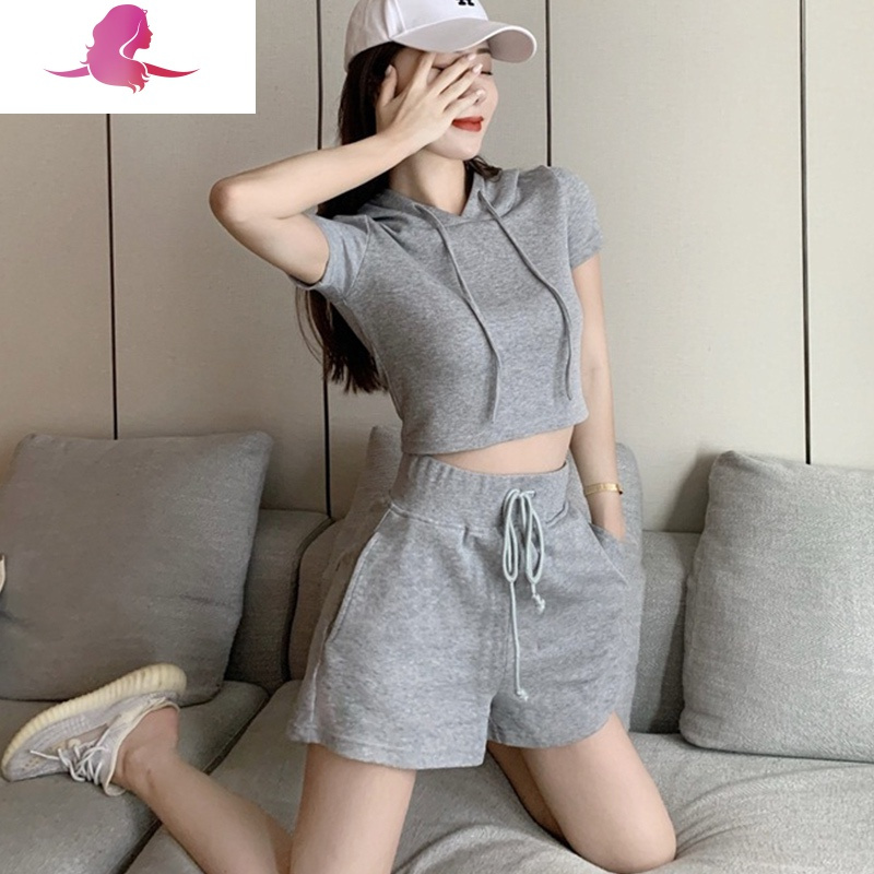 艳如飞运动服套装女夏大码宽松休闲学生连帽棉跑步健身短袖短裤两件套