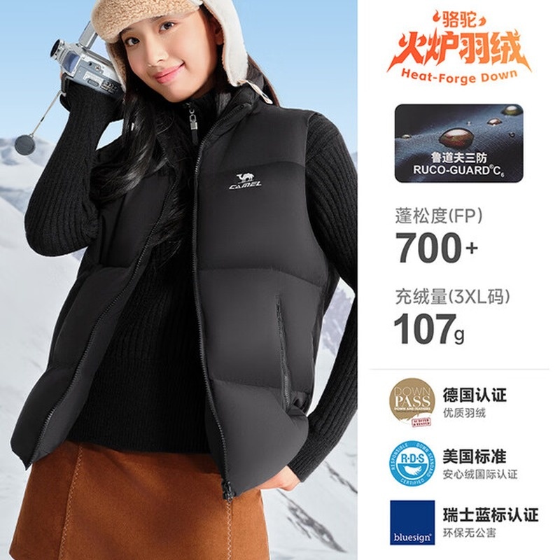 骆驼（CAMEL）[火炉]羽绒马甲男2026秋冬保暖蓄热纯色羽绒背心内胆立领外套女 C36CW10068幻影黑高清大图