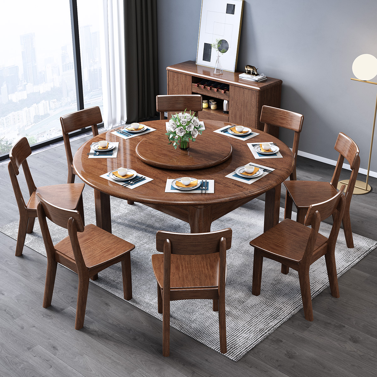 月影梳桐新中式实木餐桌胡桃木家具家用小户型餐桌椅组合可伸缩折叠圆