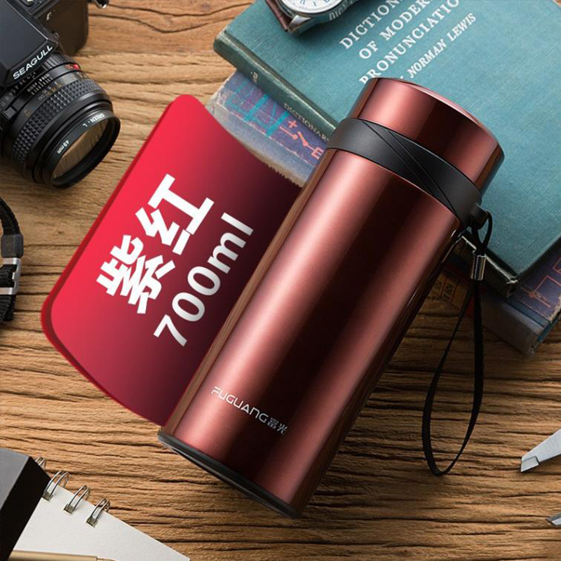 富光兴力700毫升大容量不锈钢真空保温杯提绳男女饮水杯户外出行车载用 紫红色