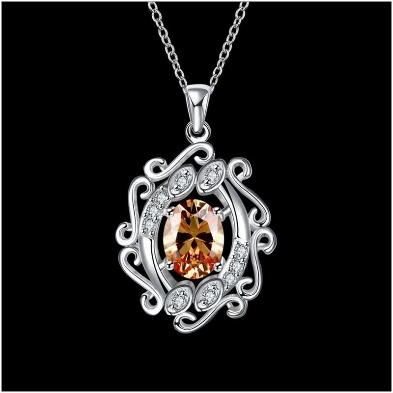 N048Women Silver Necklace镀925纯银镂空宝石坠项链女送友首饰送女朋友七夕情人节礼物