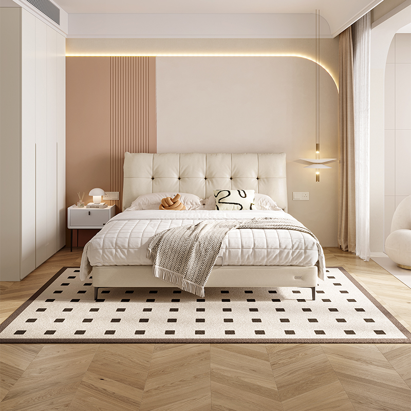 温馨奶油风进口头层牛皮软靠皮床加高衣柜卧室套装高清大图