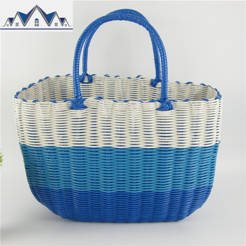 塑料编织购物篮手提菜篮子宠物框买菜洗澡篮浴室藤编浴筐收纳野餐 三维工匠收纳篮 蓝色渐变中号