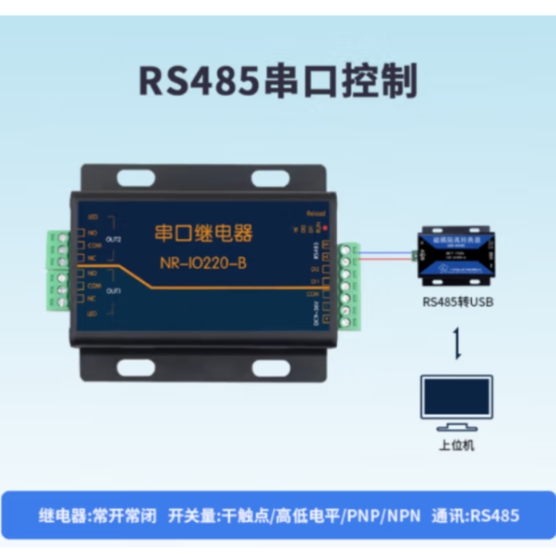 USB转485数据线 RS485串口2路继电器控器模块IO输入输出开关量信号采集