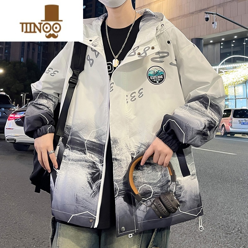 YANXU渐变色夹克男新款潮牌连帽防风衣服宽松青少年冲锋衣外套男高清大图