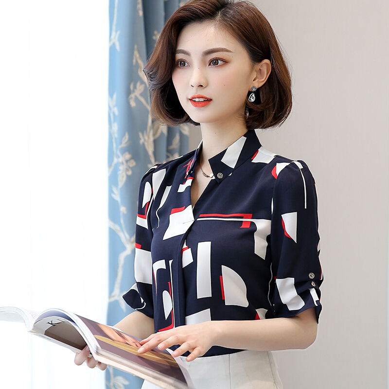 衬衫女短袖雪纺衫2018新款春夏装韩版百搭格子印花长袖衬衣蝴蝶结