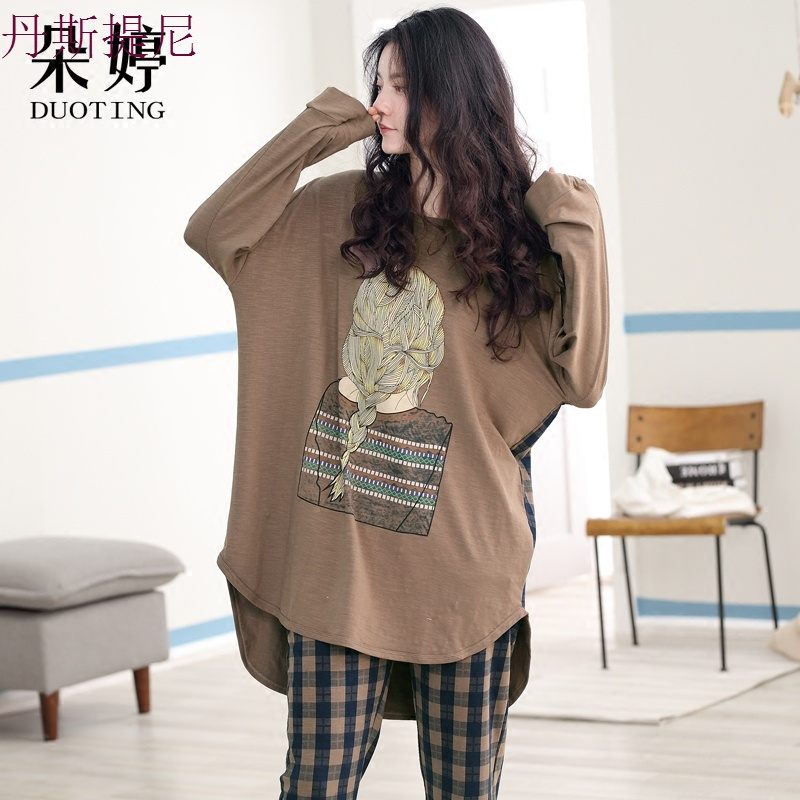 睡衣女秋冬季纯棉长袖家居服长款全棉秋天套头格子居家服套装