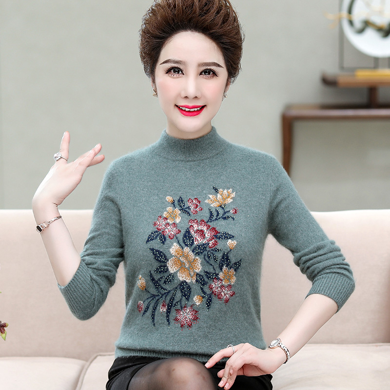 正品EERDS羊绒衫毛衣女妈妈装洋气打底衫上衣中年女士毛衣老年人冬季羊绒衫半高领中老年貂绒毛衣女打底衫加肥加大码女装 885貂绒蓝绿 S