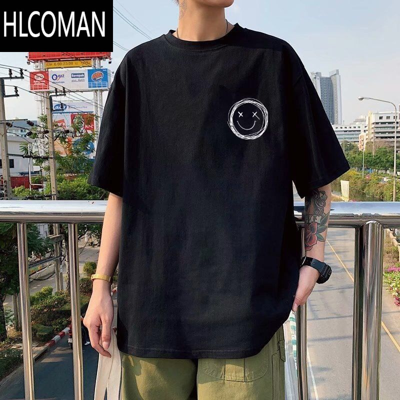 HLCOMAN加肥加大码男装t恤夏季港风ins男士衣服短袖体恤潮流胖子宽松上衣