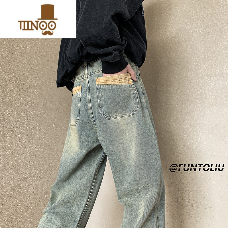 YANXU水洗牛仔裤男款夏季百搭宽松直筒阔腿裤子美式vibe高街潮松阔子裤高清大图