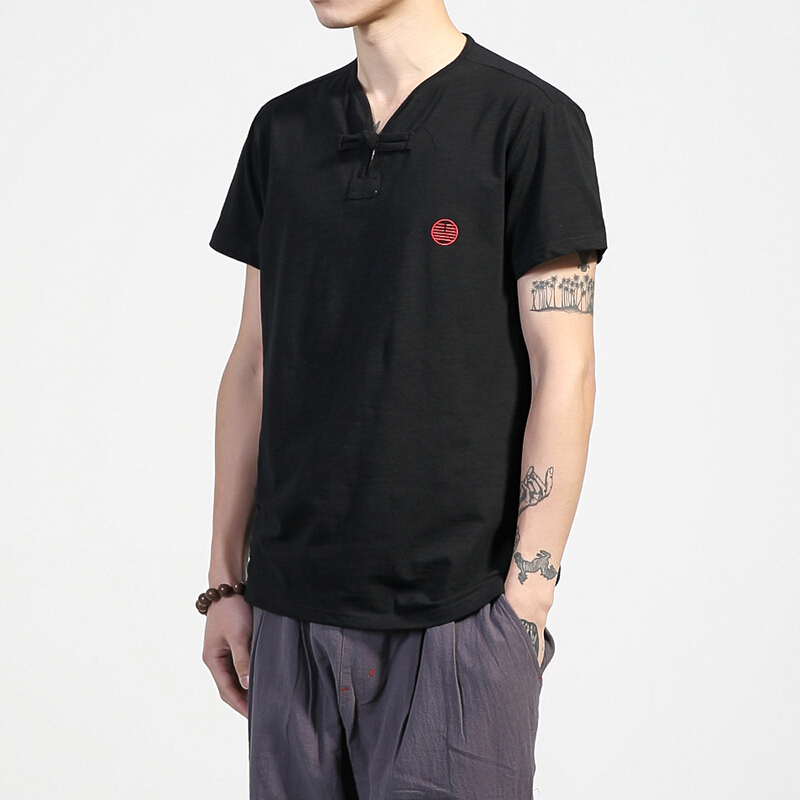 夏季中国风刺绣v领短袖t恤男士大码复古盘扣半袖潮流胖子体恤男装