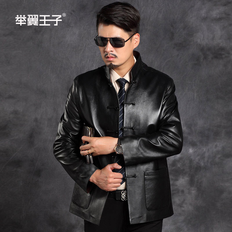举翼王子海宁头层真皮唐装皮衣立领盘扣商务休闲外套海宁绵羊皮中老年中国风秋冬上装 XXXL 纯黑