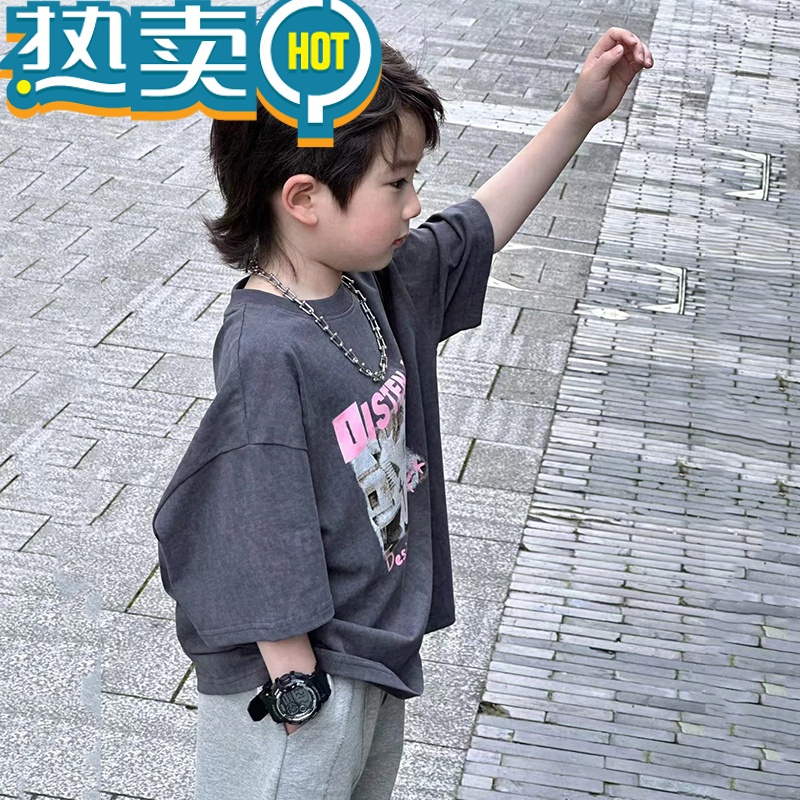 绿彩虹光韩国童装女童短袖T恤2023夏装男童圆领上衣韩版洋气儿童宽松t
