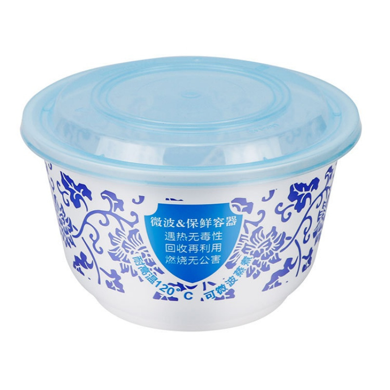 华普思LBK-500青花碗一次性粥碗甜品酸辣粉打包加厚外卖圆形塑料碗家用商用餐盒100只起订