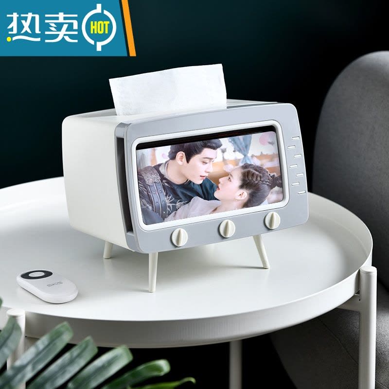 敬平ins同款可爱电视机纸巾盒免打孔抽纸盒手机支架收纳盒桌面摆件 绿色-图片