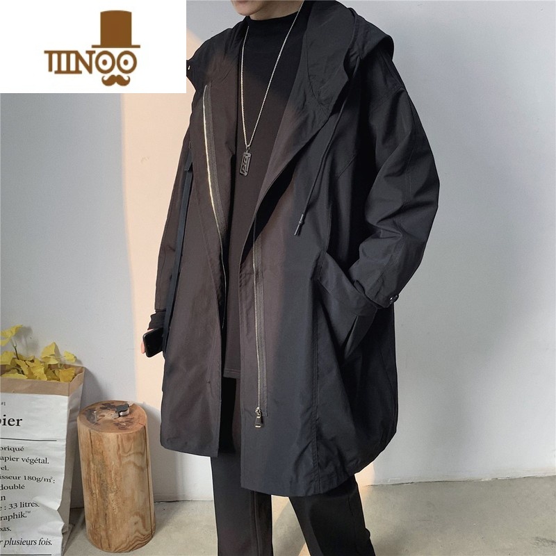 YANXU连帽中长款薄款风衣男英伦风ins潮宽松百搭工装休闲大衣外套高清大图
