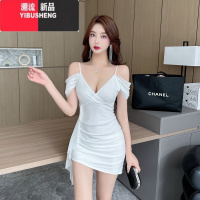 YIBUSHENG夜总 店性感女装低胸深V领露背吊带连衣裙紧身显瘦夜场上班工作背 L 白色