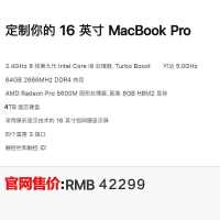 [官方定制版]Apple MacBook Pro 16英寸[升级 i9处理器2.4GHz 64G内存 新版Pro5600显卡 8G HBM2显存 4TB固态]苹果笔记本电脑