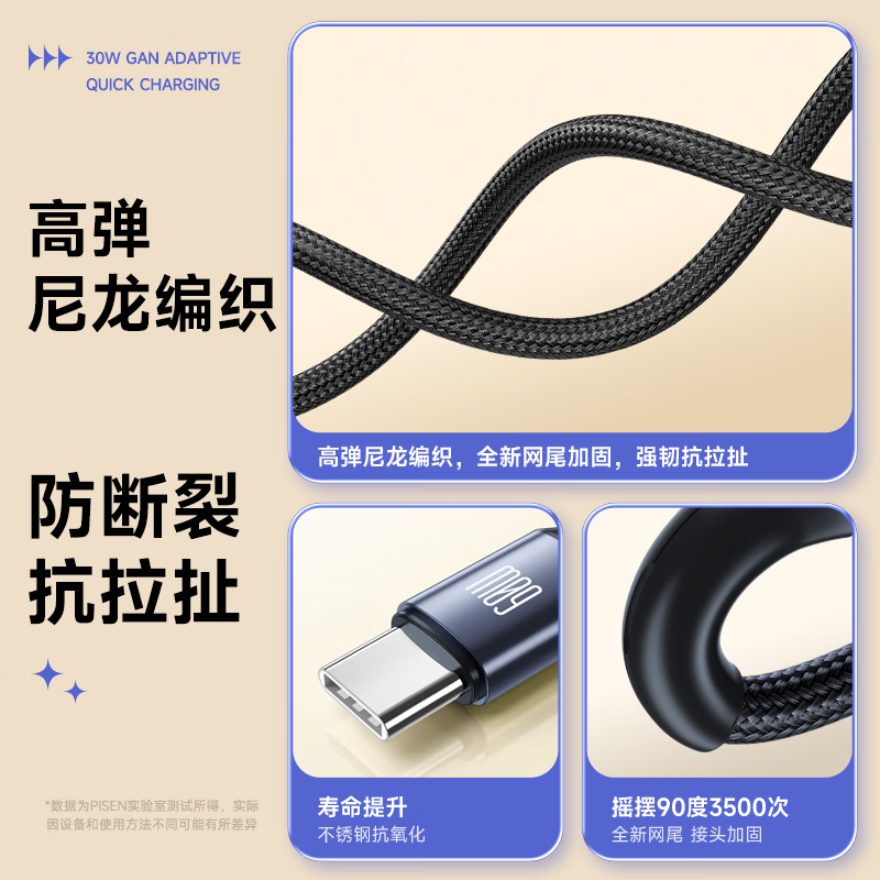 品胜PD30W氮化镓充电器苹果16promax快充套装配Type-C一拖二数据线通用iPhone15/14华为小米手机i高清大图