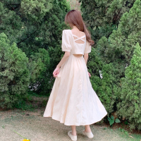泡泡袖方领连衣裙女装夏季2021新款设计感露背小个子法式初恋裙子_鹅黄短款_M