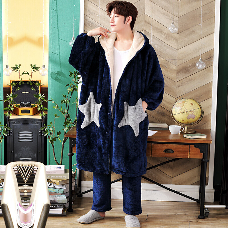 波迷娜bomina男士睡袍男款浴袍珊瑚绒法兰绒男式保暖星星睡衣