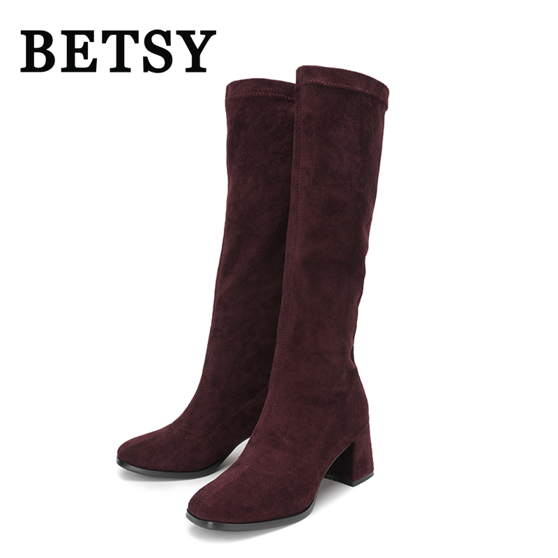 BETSY 羊京布绒面高跟长筒靴子高筒女靴圆头粗跟方跟防水台弹力靴女鞋秋冬街头性感潮流