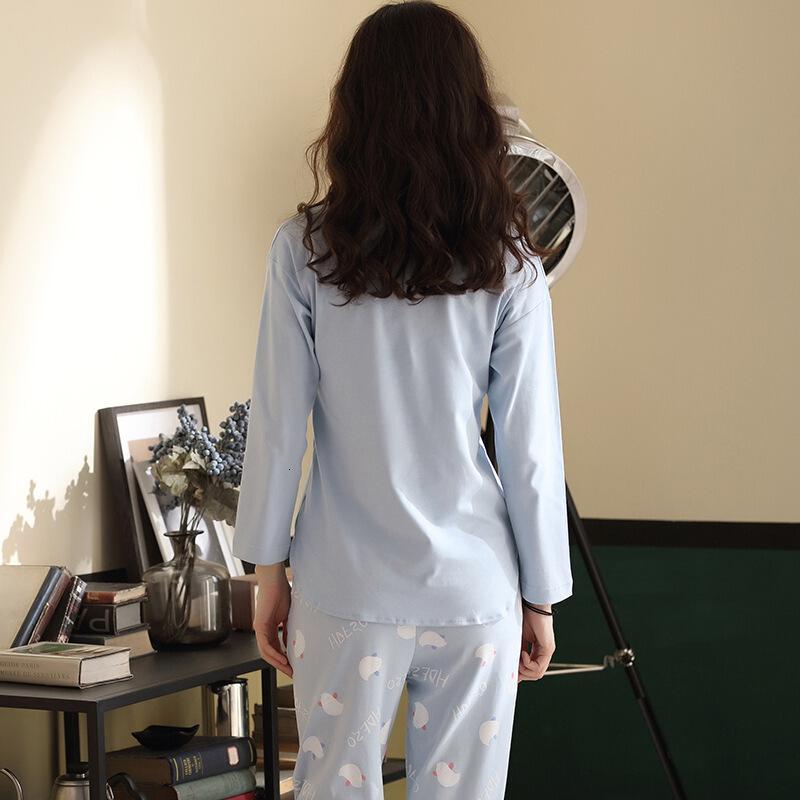 2018秋季新款睡衣圆领淡蓝色女式睡衣套装印花女家居服