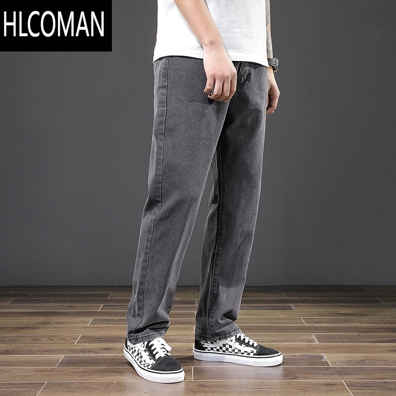 hlcoman男生裤子休闲复古韩版潮流灰色秋季青年宽松直筒裤高街牛仔裤