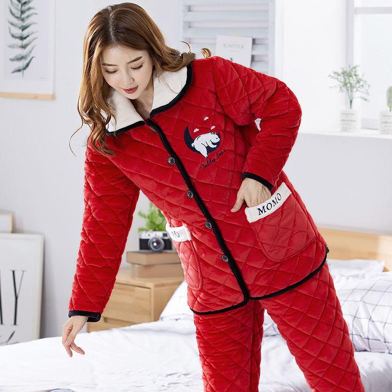 冬款珊瑚绒三层夹棉袄睡衣女冬季加厚加绒超保暖冬天中长款家居服